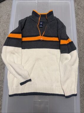 GAP kids size 10 Half-Zip Striped Sweater - Charcoal, Cream & Orange